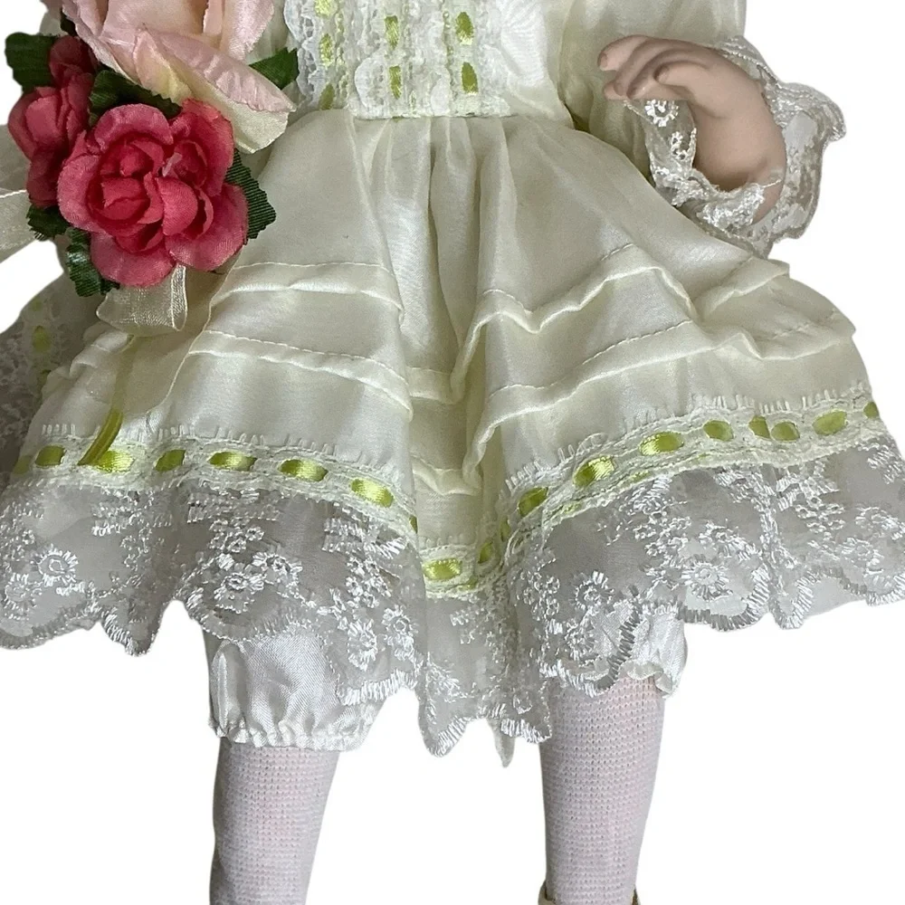 Porcelain Bisque Vintage Doll Sitting Position White Dress Green Collectible 14”